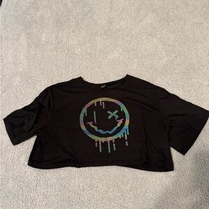 Black Crop Top with Smiley Face Graphic